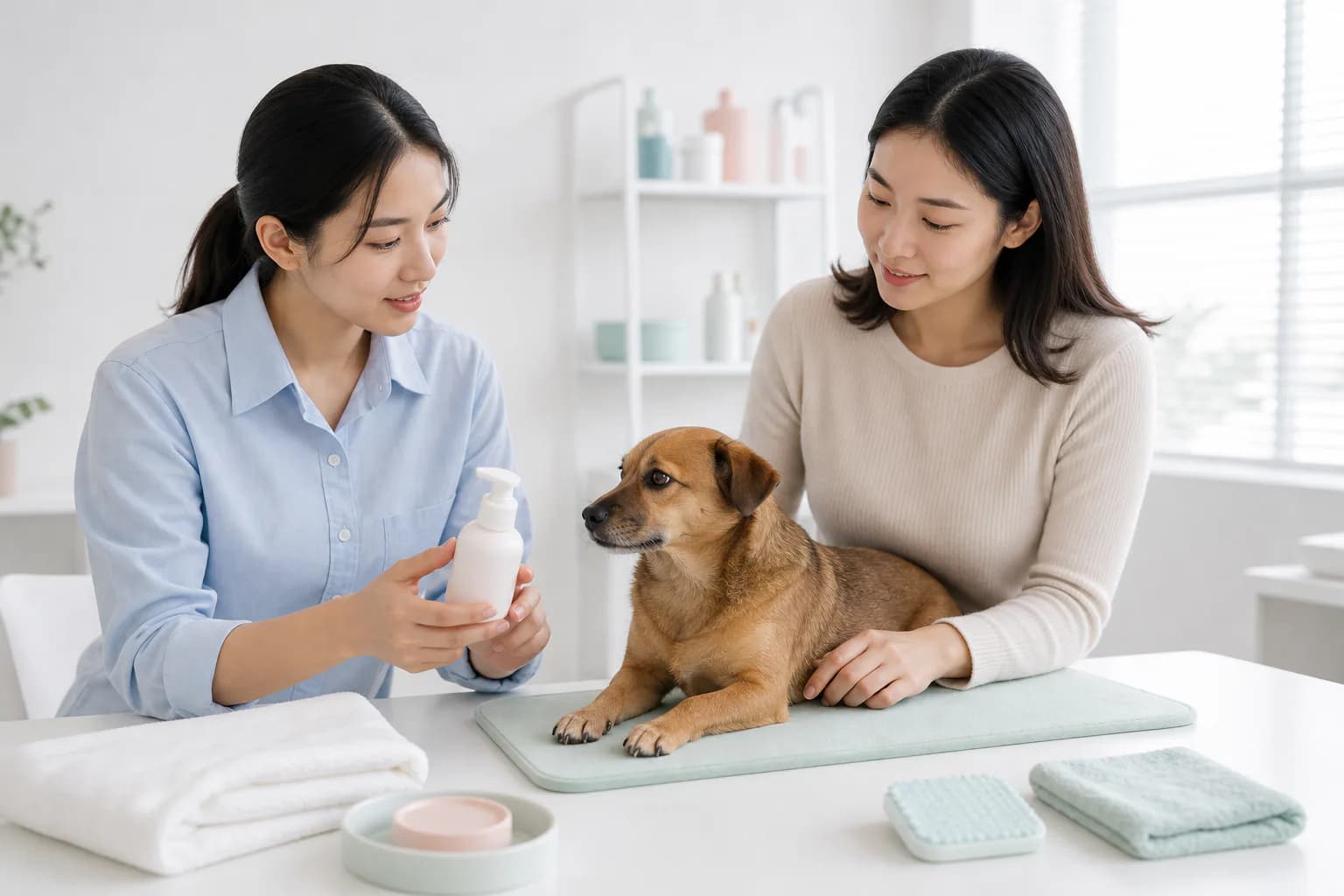 นักพัฒนาและผู้ดูแลสุนัขกำลังคุยเรื่องผลิตภัณฑ์ Pet Care แบบหัวปั๊ม